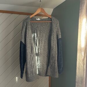 MACARON Gray Cardigan with denim sleeves! Wool blend. Size large